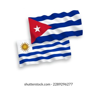 Banderas de olas de tela vectorial nacional de la República Oriental del Uruguay y Cuba aisladas en fondo blanco. de 1 a 2.