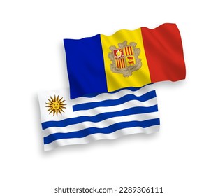 National vector fabric wave flags of Oriental Republic of Uruguay and Andorra isolated on white background. 1 to 2 proportion.