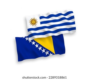 National vector fabric wave flags of Oriental Republic of Uruguay and Bosnia and Herzegovina isolated on white background. 1 to 2 proportion.