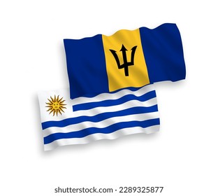 Banderas de olas de tela vectorial nacional de la República Oriental del Uruguay y Barbados aisladas en fondo blanco. de 1 a 2.