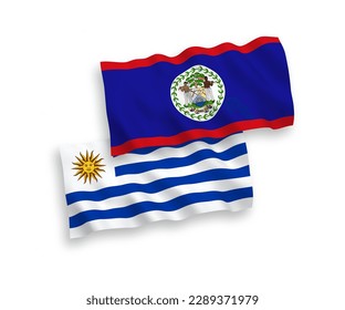 National vector fabric wave flags of Oriental Republic of Uruguay and Belize isolated on white background. 1 to 2 proportion.