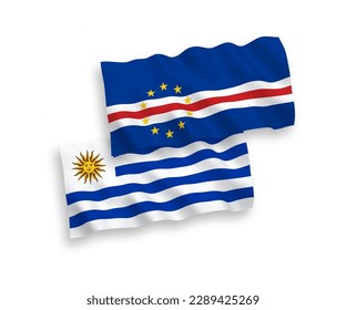 National vector fabric wave flags of Oriental Republic of Uruguay and Republic of Cabo Verde isolated on white background. 1 to 2 proportion.