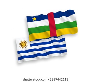 National vector fabric wave flags of Oriental Republic of Uruguay and Central African Republic isolated on white background. 1 to 2 proportion.