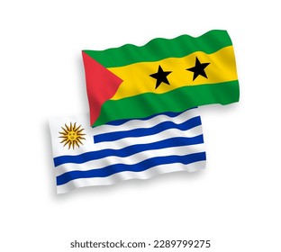 National vector fabric wave flags of Oriental Republic of Uruguay and Saint Thomas and Prince isolated on white background. 1 to 2 proportion.