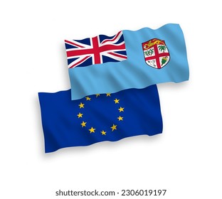 National vector fabric wave flags of European Union and Republic of Fiji isolated on white background. 1 to 2 proportion.