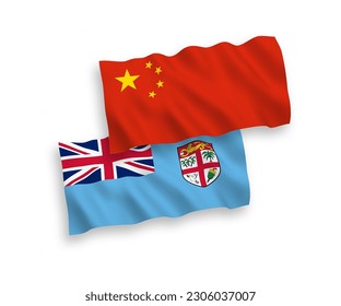 Banderas de olas de tela vectorial nacional de la República de Fiji y China aisladas en fondo blanco de 1 a 2 proporción.