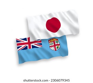 National vector fabric wave flags of Japan and Republic of Fiji isolated on white background. 1 to 2 proportion.