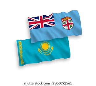 National vector fabric wave flags of Kazakhstan and Republic of Fiji isolated on white background. 1 to 2 proportion.