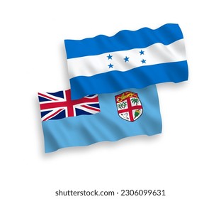 National vector fabric wave flags of Republic of Fiji and Honduras isolated on white background. 1 to 2 proportion.