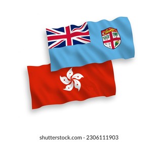 Banderas de olas de tela vectorial nacional de la República de Fiji y Hong Kong aisladas en fondo blanco. de 1 a 2.