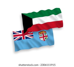 National vector fabric wave flags of Republic of Fiji and Kuwait isolated on white background. 1 to 2 proportion.