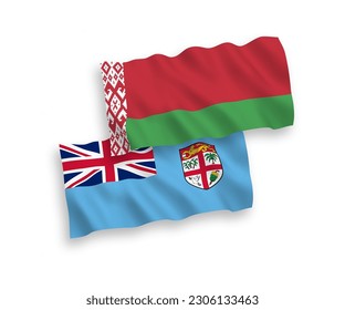 National vector fabric wave flags of Republic of Fiji and Belarus isolated on white background. 1 to 2 proportion.