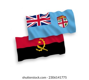 National vector fabric wave flags of Republic of Fiji and Angola isolated on white background. 1 to 2 proportion.