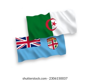 National vector fabric wave flags of Republic of Fiji and Algeria isolated on white background. 1 to 2 proportion.