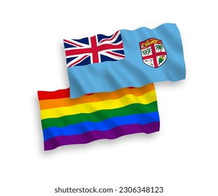 National vector fabric wave flags of Republic of Fiji and Rainbow gay pride isolated on white background. 1 to 2 proportion.