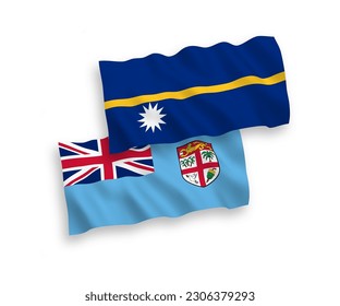 National vector fabric wave flags of Republic of Fiji and Republic of Nauru isolated on white background. 1 to 2 proportion.