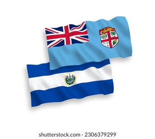 National vector fabric wave flags of Republic of Fiji and Republic of El Salvador isolated on white background. 1 to 2 proportion.