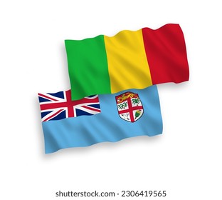 National vector fabric wave flags of Republic of Fiji and Mali isolated on white background. 1 to 2 proportion.