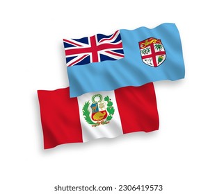 National vector fabric wave flags of Republic of Fiji and Peru isolated on white background. 1 to 2 proportion.