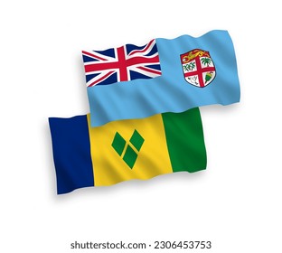 National vector fabric wave flags of Republic of Fiji and Saint Vincent and the Grenadines isolated on white background. 1 to 2 proportion.