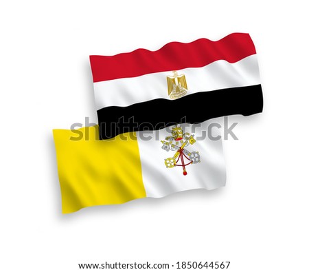 National vector fabric wave flags of Vatican and Egypt isolated on white background. 1 to 2 proportion.