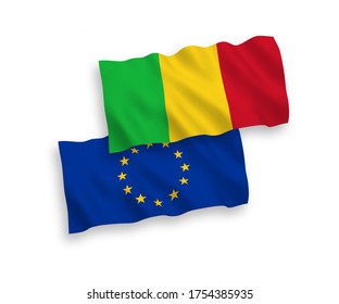 Nave vectorial nacional ondeando banderas de la Unión Europea y Mali aisladas en fondo blanco. de 1 a 2.