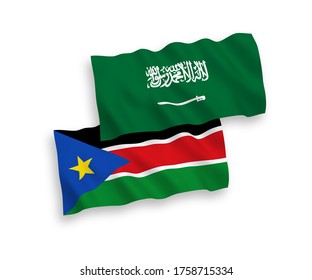 National vector fabric waving flags of Saudi Arabia and Republic of South Sudan isolated on white background. 1 to 2 proportion.