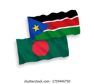 Nave vectorial nacional ondeando banderas de la República de Sudán del Sur y Bangladesh aisladas en fondo blanco. de 1 a 2.