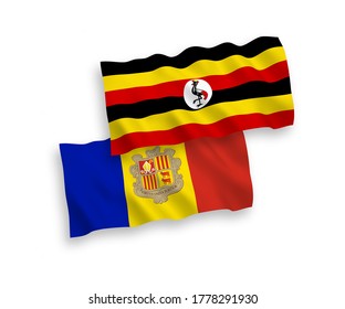 National vector fabric waving flags of Andorra and Uganda isolated on white background. 1 to 2 proportion.