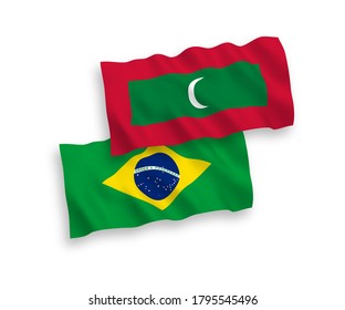 National vector fabric waving flags of Brazil and Maldives isolated on white background. 1 to 2 proportion.