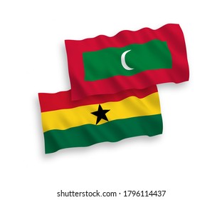 National vector fabric waving flags of Maldives and Ghana isolated on white background. 1 to 2 proportion.