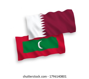 Nave vectorial nacional ondeando banderas de Maldivas y Qatar aisladas en fondo blanco. de 1 a 2.
