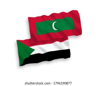 National vector fabric waving flags of Maldives and Sudan isolated on white background. 1 to 2 proportion.