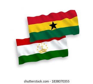Nave vectorial nacional ondeando banderas de Tayikistán y Ghana aisladas en fondo blanco. de 1 a 2.