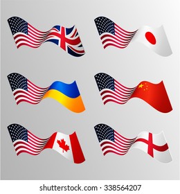 National  vector waving flags. USA, Japan, United Kingdom, Ukraine, China, Canada, Britain. 