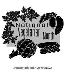 National Vegetarian Month, idea for a banner, poster or postcard, silhouettes of various vegetables and aromatic herbs vector illustration
