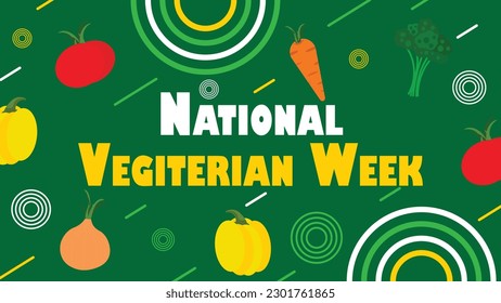 Diseño de pancarta vectorial de la Semana Vegetaria Nacional con formas geométricas, patrón de icono de verduras, fondo verde y tipografía. La Semana Vegetaria Nacional, simple y moderna ilustración horizontal de afiches.