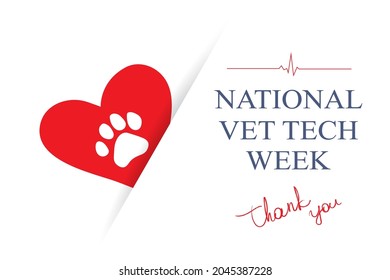 National Vet Tech Week medical concept. Red heart, dog paw ant text Thank You on white, vector illustration. Vet Tech Appreciation Week annual event.