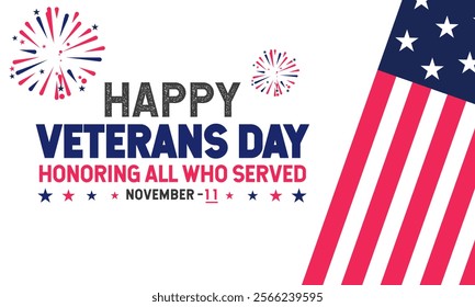 National Veteran Day template with United States of American flag. Honoring all who served. Holiday concept vector with text inscription, perfect for background, Greeting Card, Poster, web  Banner