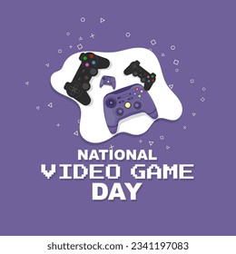 National video game day. Poster banner design with game controller on purple background. Vector illustration design.