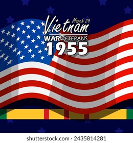 National Vietnam War Veterans Day event banner. American flag with bold text and rank ribbon on dark blue background to commemorate on March 29