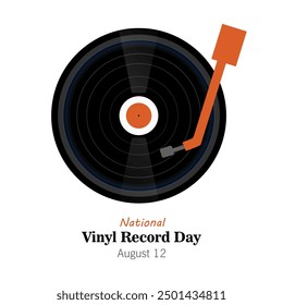 National Vinyl Record Day vector cartoon greeting card, banner, Illustration. Vinyl record playing on gramophone, hobby of listening to vinyl records. August12.