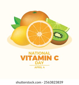 National Vitamin C Day poster vector illustration. Vitamin C food sources icon set. Orange, lemon, kiwi, lime vector. Pile of healthy fresh citrus fruits drawing. April 4 each year. Important day