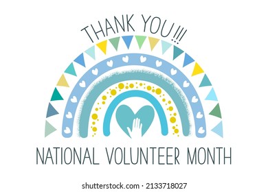 National Volunteer Month greeting concept. Cute rainbow, text "thank you", heart and hand on white, vector.	