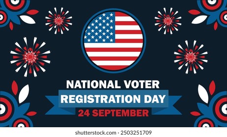 National Voter Registration vector banner design with geometric shapes and vibrant colors on a horizontal background. Happy National Voter Registration day modern minimal poster.