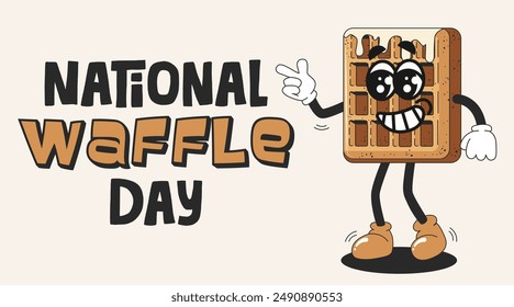 National waffle day banner template. Groovy waffle character in retro style. Holiday concept. Sweets mascot character. Design for background, banner, placard, card, and web. Bakery pastry product 
