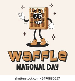 National waffle day banner template. Groovy waffle character in retro style. Holiday concept. Sweets mascot character. Design for background, banner, placard, card, and web. Bakery pastry product 