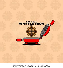National Waffle Iron Day celebrated on June 29th. Toaster with waffles on a beige background. Culinary event background.