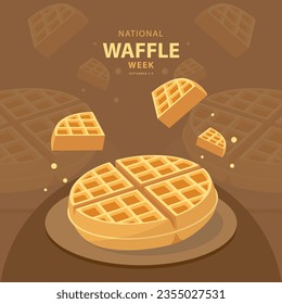 National Waffle Week on september 3-9, with vector illustration slice waffles, whole waffle filled honey on the podium and text isolated on brown abstract background for celebrate National Waffle Week