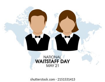 Vector del Día Nacional del Personal de Waitstaff. avatar de camarera y camarera con traje con un vector de icono de corbata de arco. Afiche del Día del Personal de Campaña, 21 de mayo. Día importante